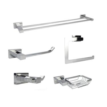 Imagem de Kit Acessórios Quadrado Luxo Banheiro Inox 5 Peças Cromado