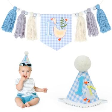 Imagem de DRANSMIC Decoração de 1º aniversário de ganso - Banner de cadeira alta de ganso silly azul e chapéu de cone de feltro, faixa de borla de primeiro aniversário, guirlanda de borla de ganso bobo