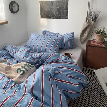Imagem de mixinni Conjunto de edredom vintage listrado azul e vermelho tamanho casal - Conjunto de cama de algodão macio de 3 peças (1 edredom + 2 fronhas), estampa de listras geométricas retrô, leve e