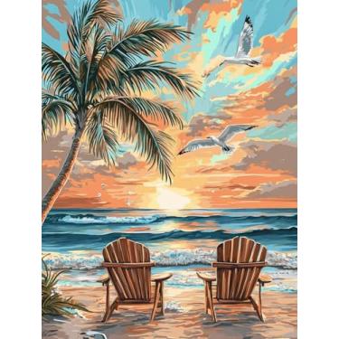 Imagem de VAIIEYO Kits de arte de diamante de coqueiro DIY 5D para adultos, pintura de diamante, praia, litoral, kit de pintura de diamante, tela de artesanato de strass redonda para decoração de parede de casa