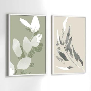 Imagem de Quadros Decorativos com Moldura Folhas Tons Verde e Bege Sala Quarto Kit Conjunto 2