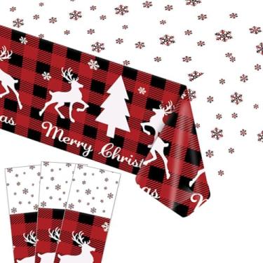 Imagem de VHUWE Toalhas de mesa de Natal descartáveis 3 peças, toalhas de mesa de plástico de 152 x 300 cm com grades vermelhas e pretas de alce para mesas retangulares, artigos de decoração de jantar de Natal