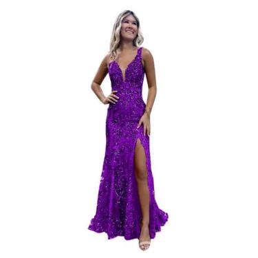 Imagem de Vestido de formatura CDSSL com decote em V roxo, sereia, lantejoulas, 