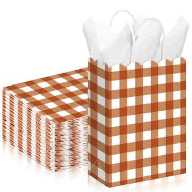 Imagem de Kolldenn 24 peças de sacolas de presente de guingão de terracota com alças de papel kraft xadrez xadrez para lembrancinhas de festa de aniversário e casamento (21 x 16 x 8 cm)