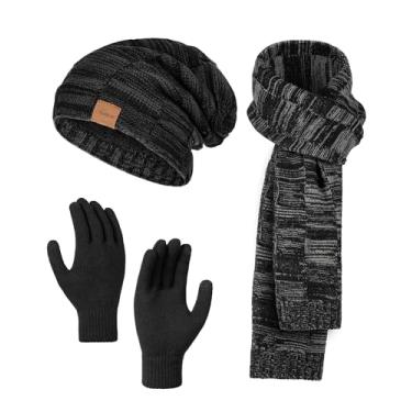 Imagem de Conjunto de luvas de gorro de inverno, cachecol e tela sensível ao toque, 3 peças de luvas forradas de lã grossa e macia, conjunto de cachecol para mulheres e homens, pacote com 3