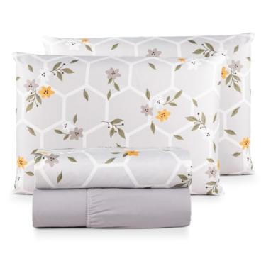 Imagem de Jogo de Lençol Casal Padrão 04 Peças 200 Fios Cama Box Estampado Toque Aveludado Macio(Honey Bee)