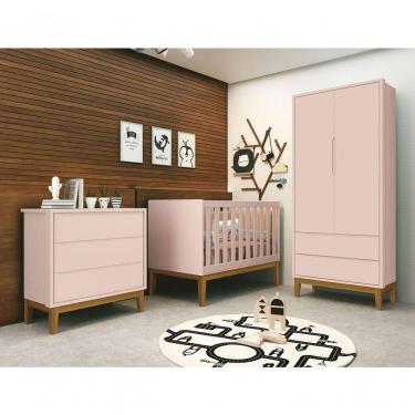 Imagem de Jogo De Quarto Para Bebê Completo 2 Portas Classic New Rosa Fosco Com Madeira - Moveisaqui