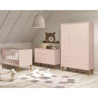 Imagem de Jogo De Quarto Para Bebê Completo 3 Portas Théo New Rosa Fosco Com Madeira - Moveisaqui