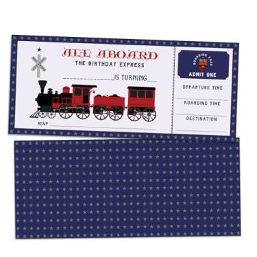 Imagem de ZARYFANCHY Convites de festa de aniversário de trem, convites de aniversário de bilhete de trem retrô, 20 cartões de convite de preenchimento com envelopes, decorações de festa e suprimentos para