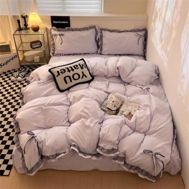 Imagem de XLCZMYL Conjunto de lençóis de cama estilo renda com laço para a pele ropa de cama solteiro/casal/queen/king size, roxo claro, solteiro 3 peças