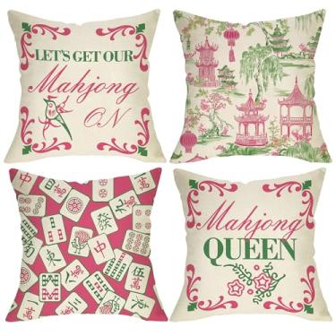 Imagem de Fjfz Conjunto de 4 capas de almofada decorativas chinesas Mahjong Queen 45,7 x 45,7 cm, rosa, azul, jardim, paisagem, varanda, exterior, casa, decoração, sofá, sofá, almofada, presentes para amantes