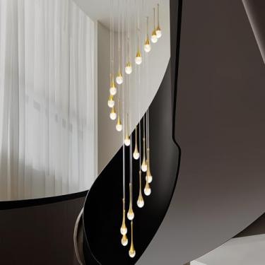 Imagem de Lustre pendente em espiral dourado de 350 cm de altura com 20 lâmpadas, para sala de estar, hall de entrada, com cristal em formato de gota de chuva e efeito bolha, LED dimerizável de 2700 a