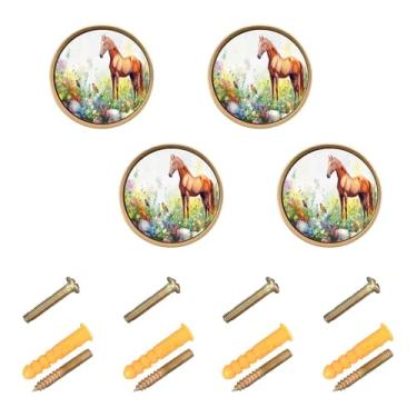 Imagem de Burbuja Puxadores de armário de cozinha Horse in Garden, pacote com 4, puxadores redondos de 3,5 cm, puxadores de cômoda com parafusos para armários de cozinha, quarto, armário