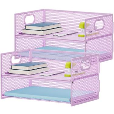 Imagem de Marbrasse Bandeja organizadora de papel de 2 camadas, organizador de arquivos de malha com alça, organizador de mesa para material de escritório doméstico - roxo 2P