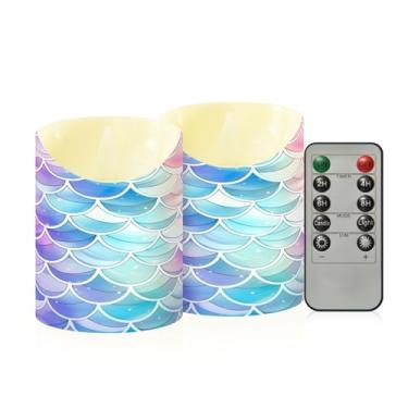 Imagem de Wassud Velas sem chama com estampa de sereia arco-íris com controle remoto, velas realistas cintilantes com temporizador, velas decorativas para Natal, casamento, festa, decoração de casa pequenas