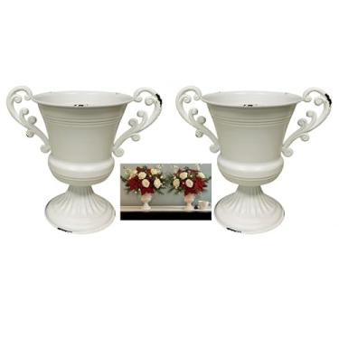 Imagem de Vaso de urna europeu chique gasto de 21 cm, corpo de metal vintage envelhecido com alças duplas de ferro fundido pesado, peça central de fazenda romântica para decoração de cornija ou mesa