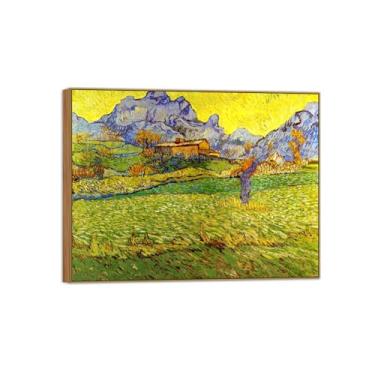 Imagem de BMZFYBS Vincent van Gogh Famosa pintura em tela de arte de parede pronta para pendurar Prado na montanha Imagem em moldura de madeira para decoração de sala de estar 90 x 117 cm 35 x 46 pol