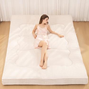 Imagem de NLDD Colchão japonês, colchão futon espesso de 10 cm, almofada de dormir de tamanho completo, almofada dobrável de veludo cotelê, tapete de tatame dobrável para quarto de hóspedes de adultos, bege