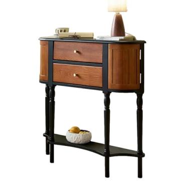 Imagem de Mesa de entrada retrô com armários de 2 portas e prateleira de armazenamento aberta, mesa de console com 2 gavetas, mesa de sofá traseira longa estreita para sala de estar, hall de entrada, corredor