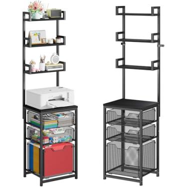 Imagem de Sbanmao Arquivo vertical com 3 gavetas de 155 cm de altura, armário de arquivo resistente com suporte para impressora, gavetas de malha de metal, 3 prateleiras abertas com camada ajustável