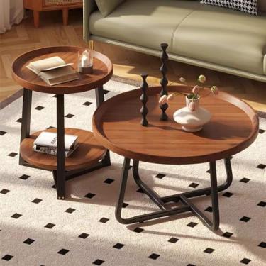 Imagem de Conjunto de 2 unidades de café redondo moderno, mesa de sala de estar com prateleira de armazenamento de 2 camadas, mesa de centro moderna de madeira, mesa lateral para sala de estar (60 x 60 cm + 80