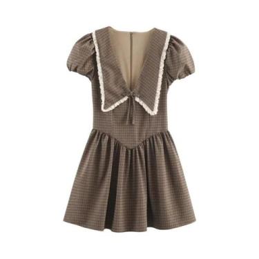 Imagem de Vestido Mini Xadrez Marrom Feminino Manga Curta Gola Sexy Outono 2025 