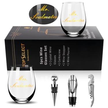 Imagem de TopSelect Conjunto de 2 taças de vinho Mr & Mrs, champanhe, presentes de casamento para chá de panela, presentes de noivado para casais recém-casados, aniversário com elegante caixa de lembrança