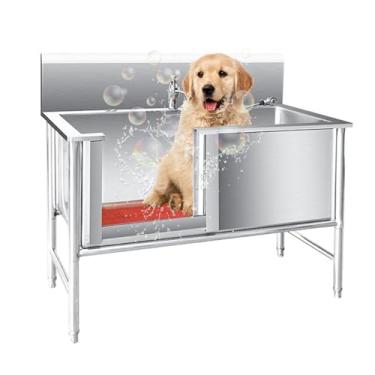 Imagem de Banheira de cuidados para cães de 119 cm Banheira grande para animais de estimação em aço inoxidável para cães grandes comercial doméstico com torneira, porta deslizante, grade de piso (estilo C)