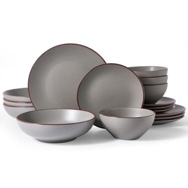 Imagem de Famiware Venus Conjunto de louça salpicada com tigelas de macarrão, serviço para 4 (16 peças), conjuntos de pratos de grés e tigelas duplas, pratos seguros para micro-ondas e lava-louças com