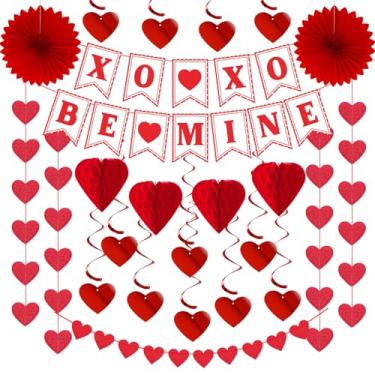 Imagem de Faixa de coração de decoração de festa vermelha - 14 kits de flâmulas de guirlanda, leques de flores de papel, decoração de favo de mel Hugfond