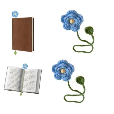 Imagem de vinsiora Conjunto de 2 marcadores de página florais azuis feitos à mão com haste e folha para amantes de livros, acessórios de leitura (flor de ameixa)