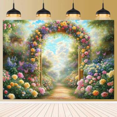 Imagem de Pano de fundo de flores de jardim de primavera para fotografia de conto de fadas, floresta, floral, borboleta, país das maravilhas e pintura a óleo para decoração romântica, casamento, chá de panela