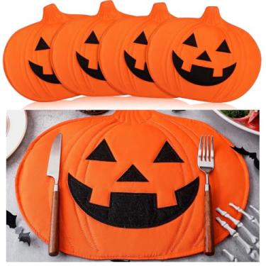 Imagem de Widecook 4 peças de jogo americano de abóbora de Halloween Jack O em forma de abóbora resistente ao calor 33 x 35,5 cm, decoração de mesa de colheita de outono para o Dia de Ação de Graças, festival