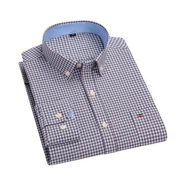 Imagem de Camisa Masculina De Manga Longa Oxford Em Algodão Xadrez Casual De Neg