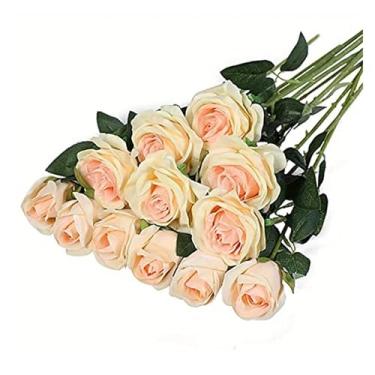 Imagem de 12 peças de buquê de rosas artificiais realistas para casamentos, aniversários e muito mais para arranjos florais e flores artificiais para decoração de casa (champanhe)