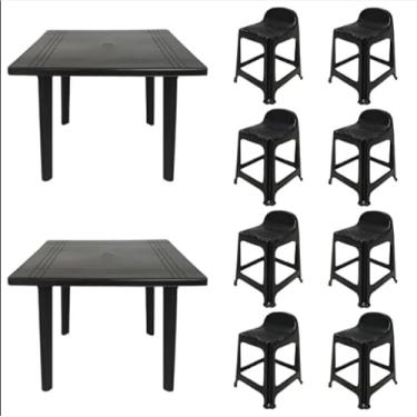 Imagem de 2 Mesas Quadradas Desmontáveis de Plástico 90cm Preta + 8 Banquetas Com Encosto