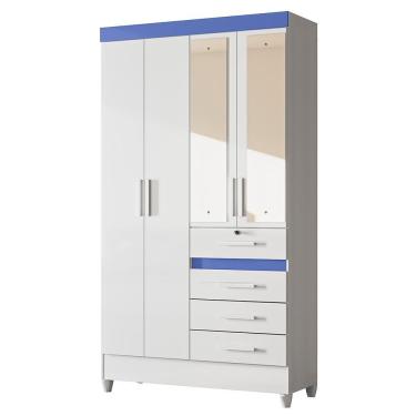 Imagem de Guarda Roupa Solteiro Sobral 4 Portas E 4 Gavetas Flex Branco Azul Com Espelho Moval Branco Azul