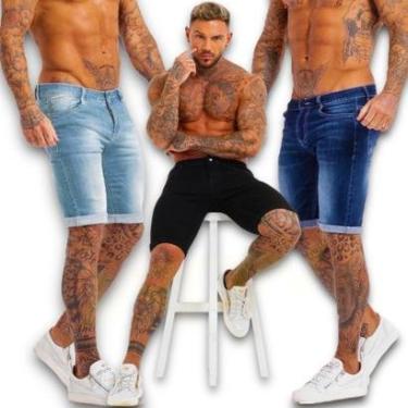 Imagem de Kit C/3 Bermudas Jeans Elastano Lisa Casual Slim Masculina 438-Masculino