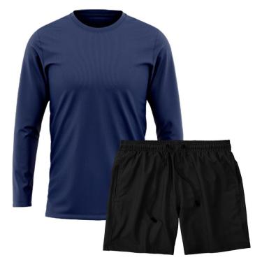 Imagem de Kit Short Praia Academia Passeio Treino Preto + Manga Longa Masculina Segunda Pele Dry-Masculino