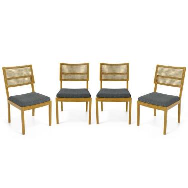 Imagem de Kit Com 4 Cadeiras Milena Madeira Maciça Assentos Estofados Encostos De Tela Palha Sextavada Linho Chumbo 406