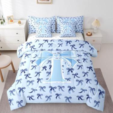 Imagem de Erosebridal Conjunto de cama casal com laço inicial de 7 peças para crianças pré-adolescentes | Conjunto de edredom com laço azul fofo com laço azul e lençol com enchimento de edredom feminino