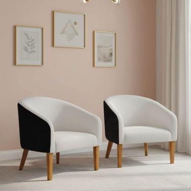 Imagem de Poltrona Sala Decorativa Kit 2 Stella Pé Madeira Trapézio Castanho Sintético Pu Preto-bouclê Off White D03 - D'rossi