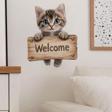 Imagem de Adesivo de parede 3D Cat Welcome Sign PVC 30x30cm para escritório domé