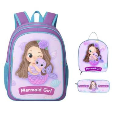 Imagem de Mochila Escolar sereia feminina Forro interno + lancheira térmica + es