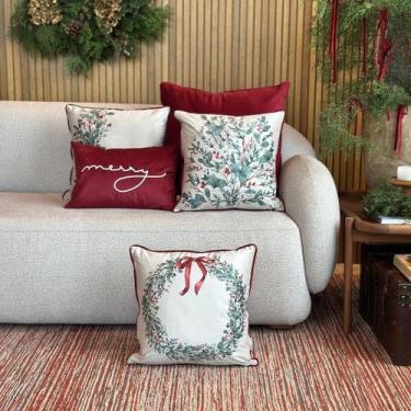 Imagem de Kit 5 Capas Almofadas Natal Veludo Azevinhos, Guirlanda e Merry Bordô 