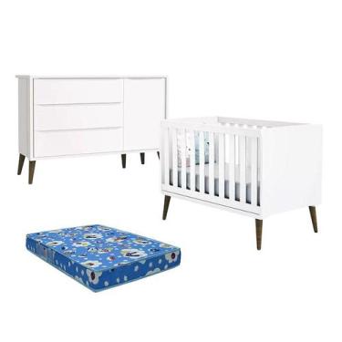 Imagem de Berço Americano e Cômoda com Porta Infantil Theo Branco Acetinado com 
