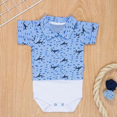 Imagem de Body Camisa para Bebê Manga Curta Em Tricoline Fundo do Mar Azul - Era