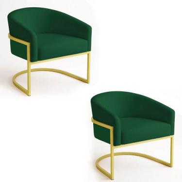 Imagem de Poltrona Sala Decorativa Industrial Dourada Kit 2 Arielle Veludo Verde