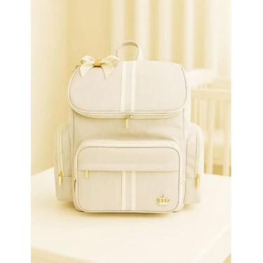 Imagem de Mochila Bebe Maternidade G Marfim Laço Bege Tecido Linho - crush