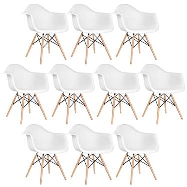 Imagem de Loft7, Kit 10x Cadeiras Charles Eames Eiffel DAW Com Braços e Pés de Madeira Clara, Polipropileno e Aço, Escritório, Sala de Estar e Sala de Jantar - Branco